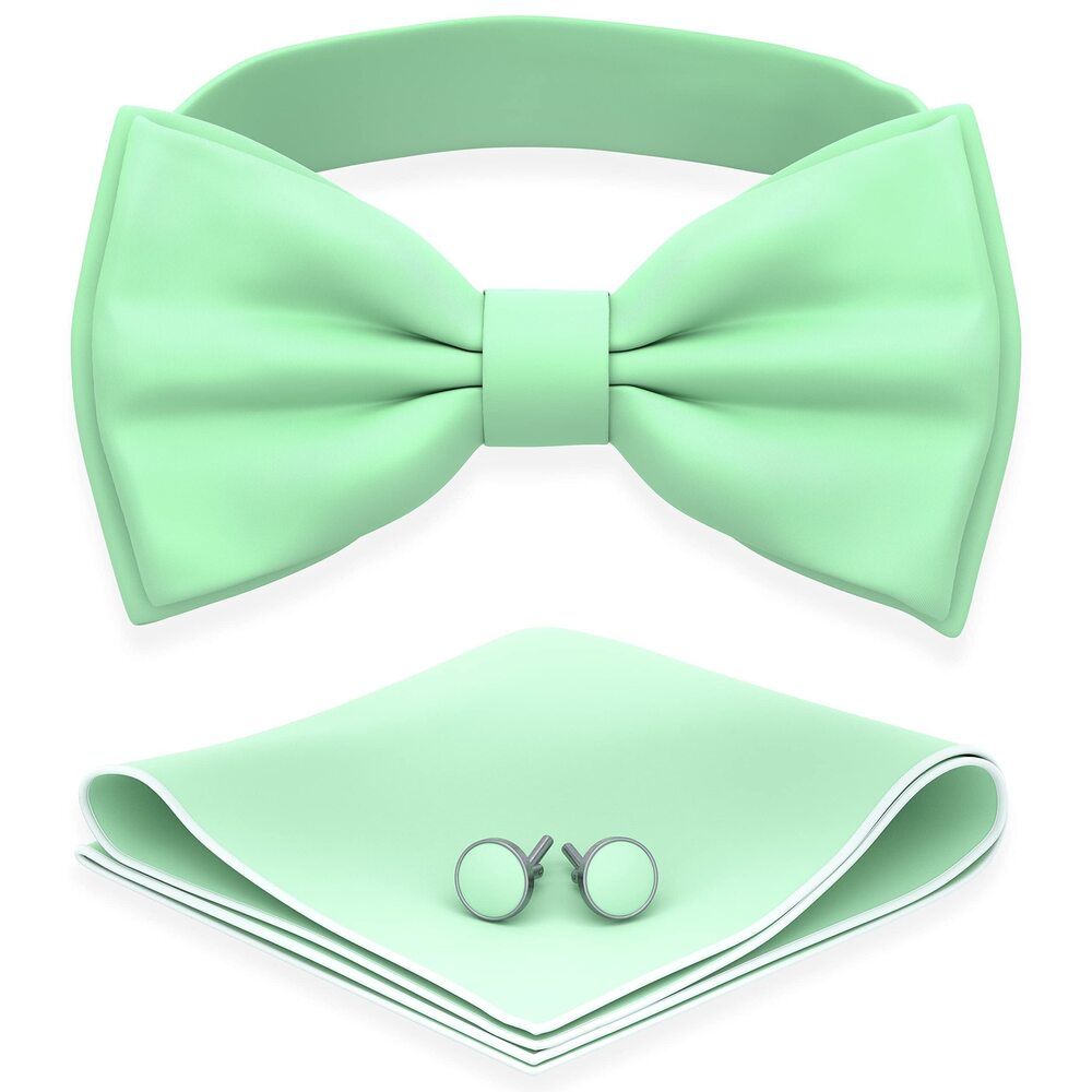 9863 Mint Bow Tie with Handkerchief & Cufflinks Pre-Tied Style Formal Satin